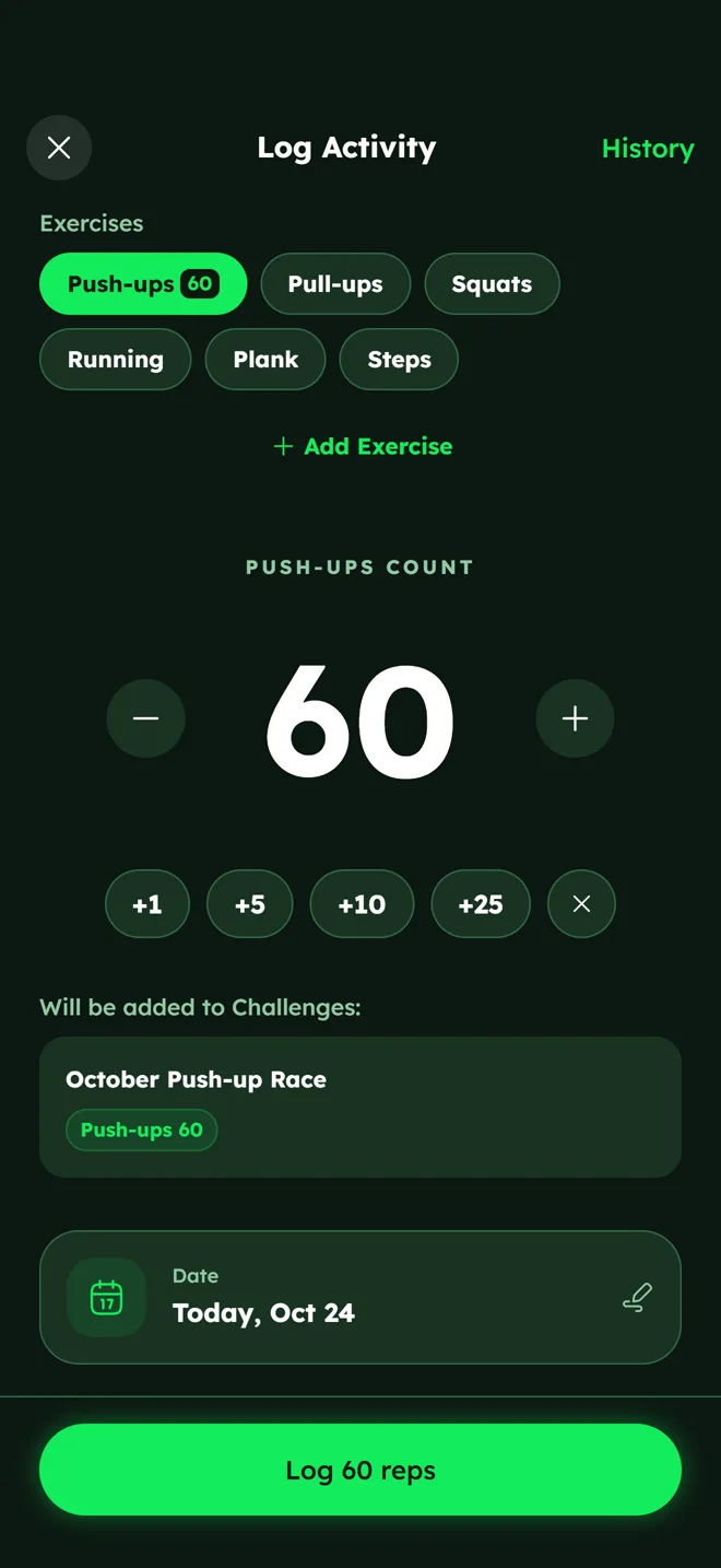 Log Activity screen counting 60 push-ups